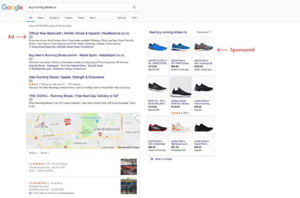 Google ads screenshot showing paid Google results for running shoes