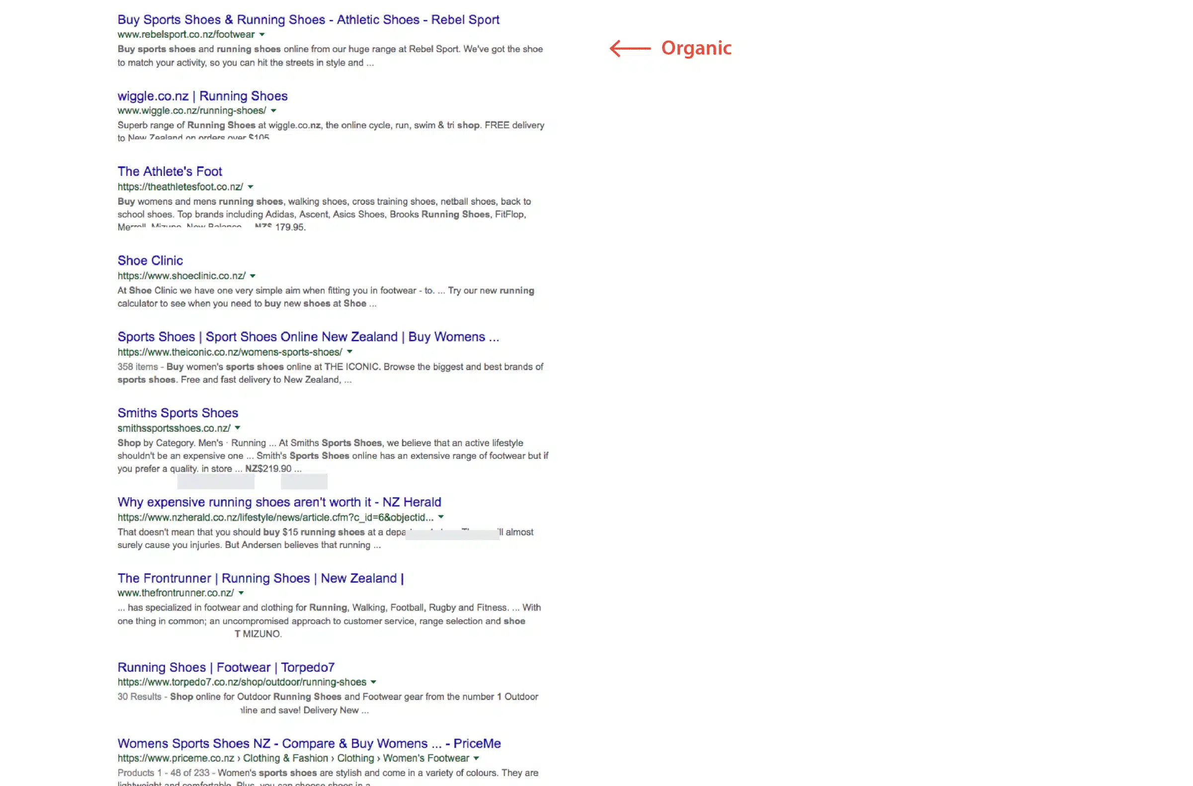 Screenshot of Google results showing organic search results for running shoes