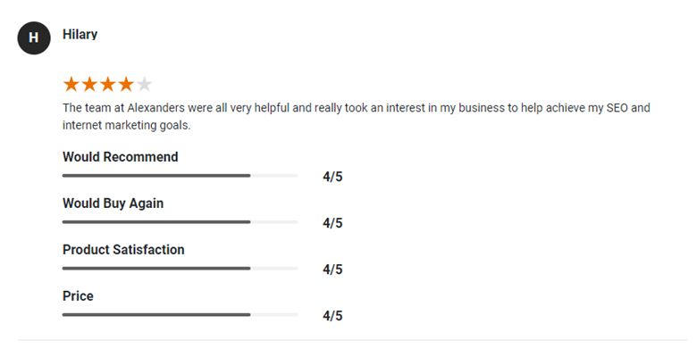Google Review Hilary on SEO and Digital Marketing services from Alexanders Digital Marketing