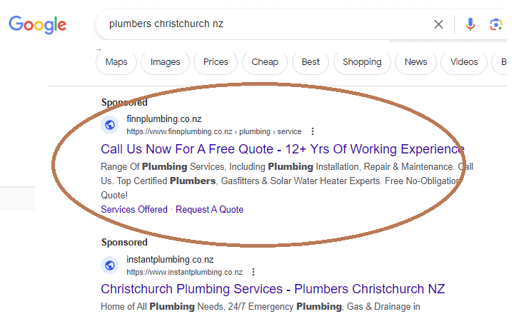 Example of Google search ad